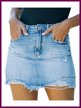 Womens Mid Waist Zipper Closure Ripped Mini Denim Skirt